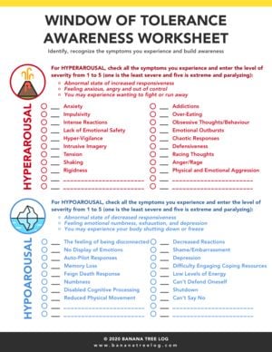 window of tolerance self awareness worksheets for adults
