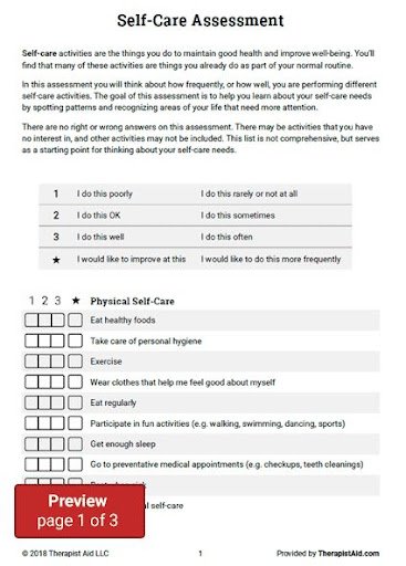 self-care assessment therapy aid self awareness worksheets for adults