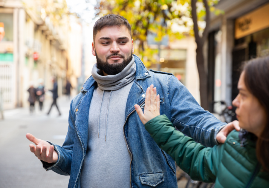 girl stopping guy from coming near her narcissist hoovering