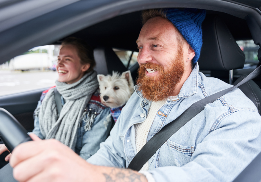 男人开车带着他的女朋友和他们的狗在一起住之前问一些问题
