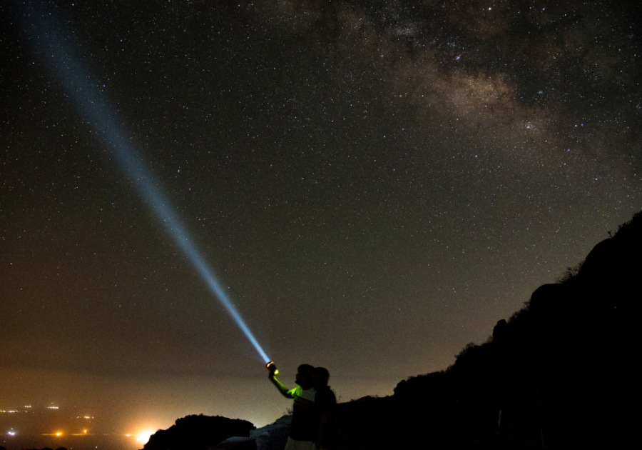 在晴朗的夜空下拿着手电筒的人们