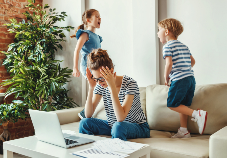 children playing on sofa mom frustrated Negative Emotions