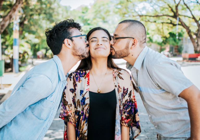 two men kissing woman on cheek Rules for Throuple Dating