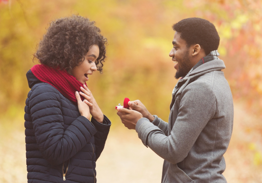 man holding ring box smiling at woman Wife Material