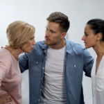 couple talking to older woman Signs Your Husband Puts His Family First