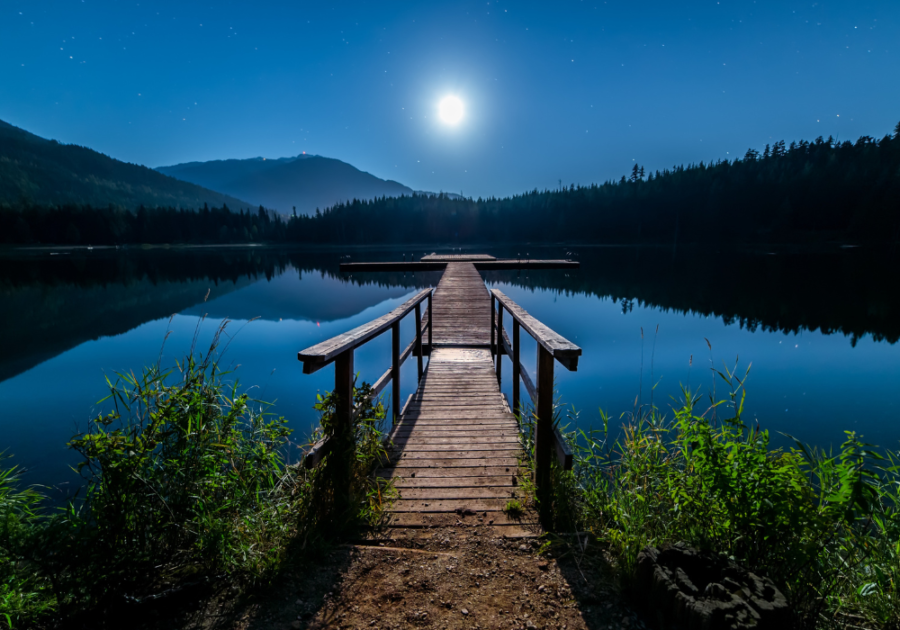 view of full moon over lake at dock alone on a Friday night