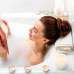 女人taking a bubble bath alone on a Friday night