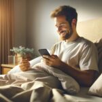 人坐在床上看电话 良好的早报消息为他