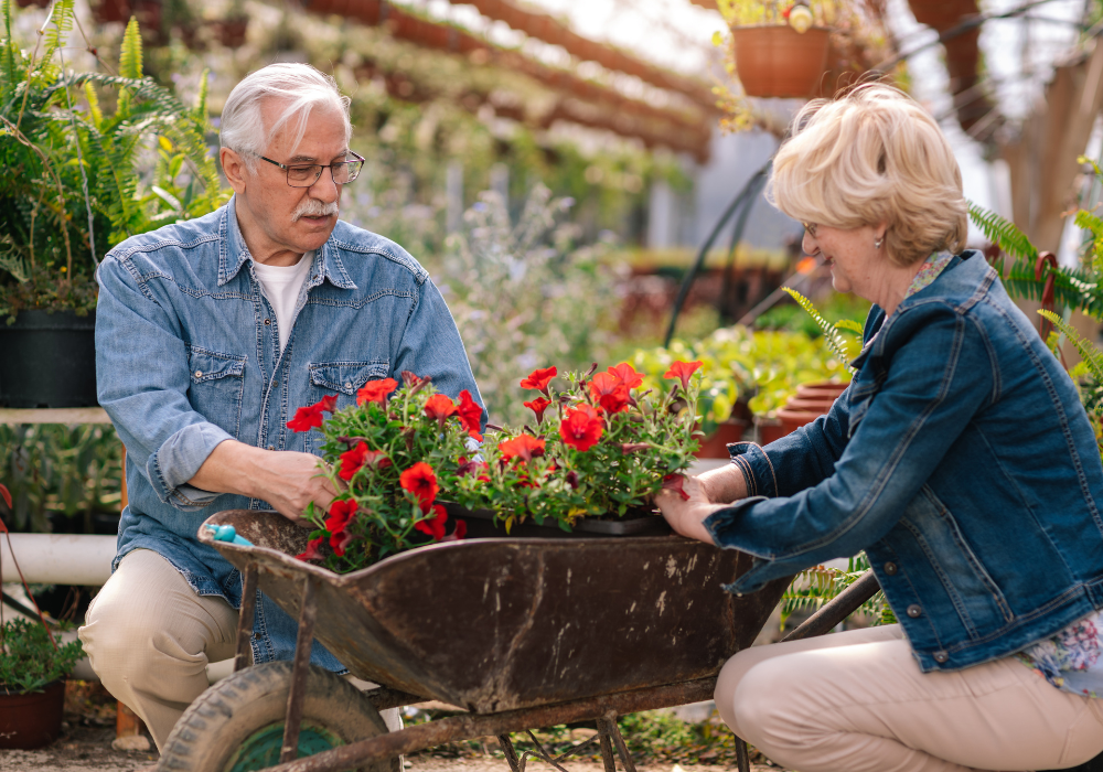 mature couple plating flowers together things to do when retired and bored